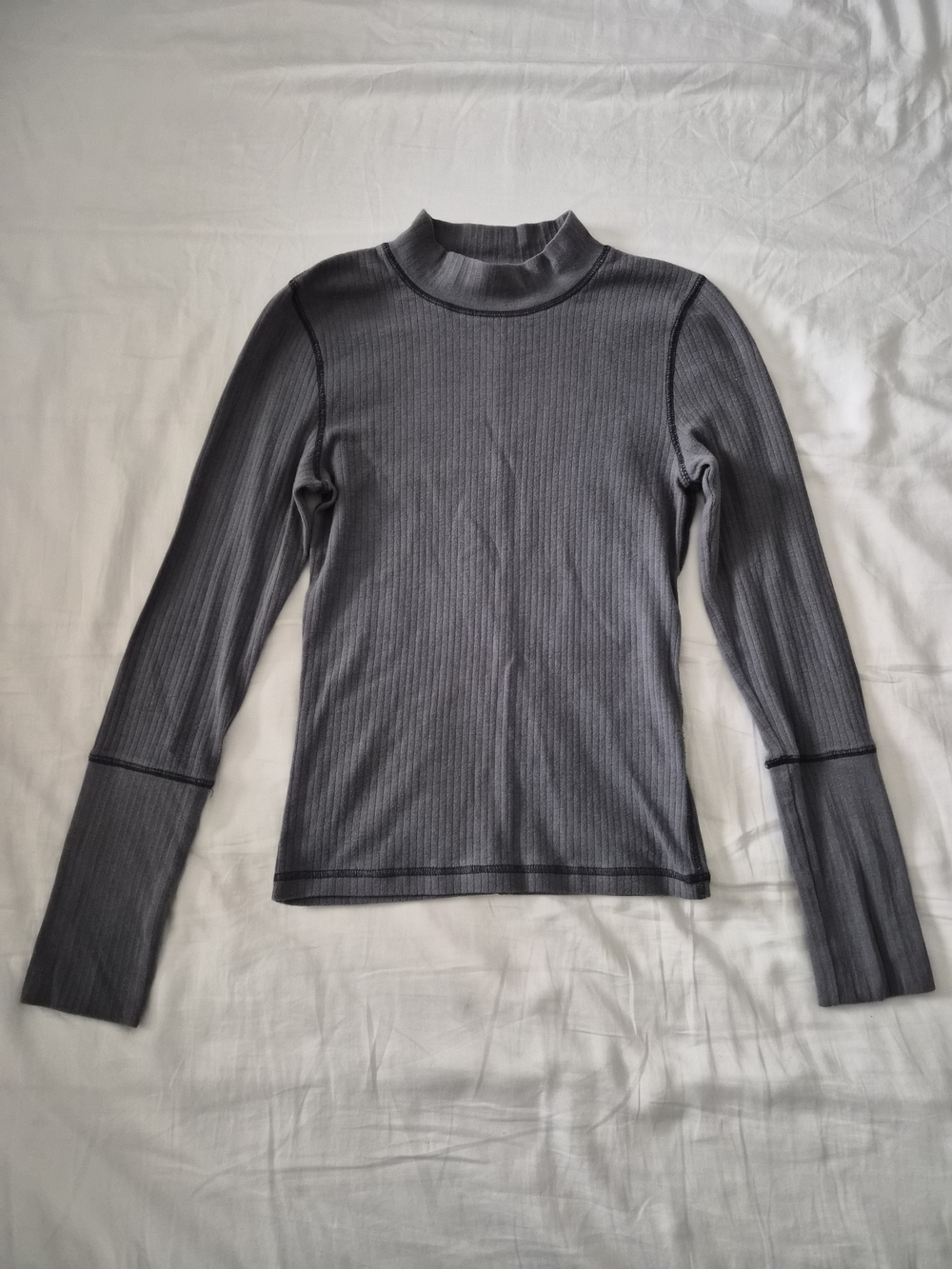 Slim Ribbed Mock Neck Long Sleeve Top - Charcoal Gray